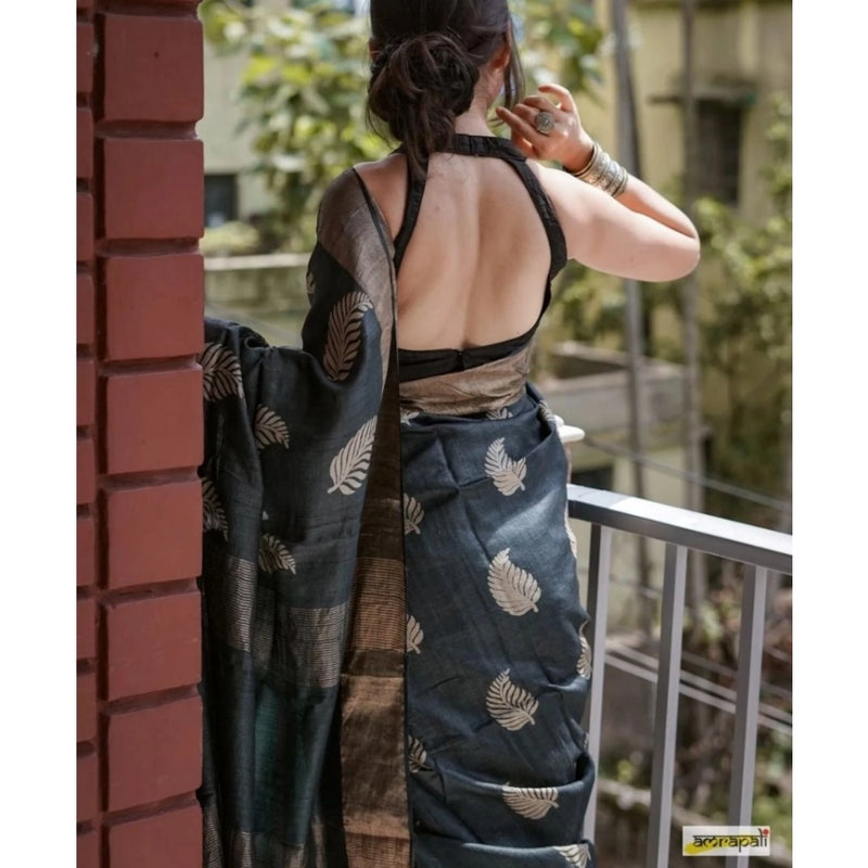 Mayawye Women's Silk Printed Saree With Unstitched Blouse 5.5Mtr (Black)