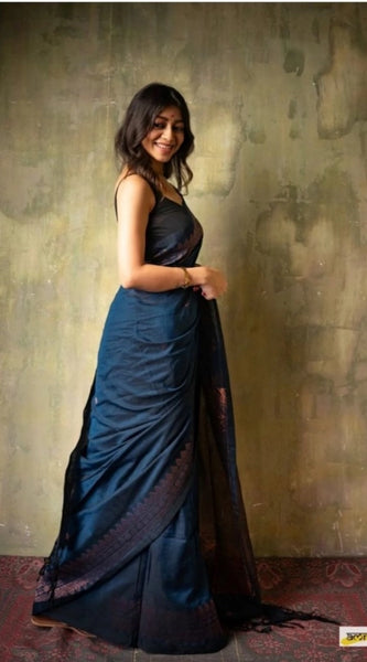Mayawye Women's Silk Printed Saree With Unstitched Blouse 5.5Mtr (Navy Blue)