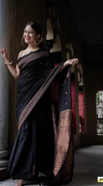 Mayawye Women's Silk Printed Saree With Unstitched Blouse 5.5Mtr (Black)