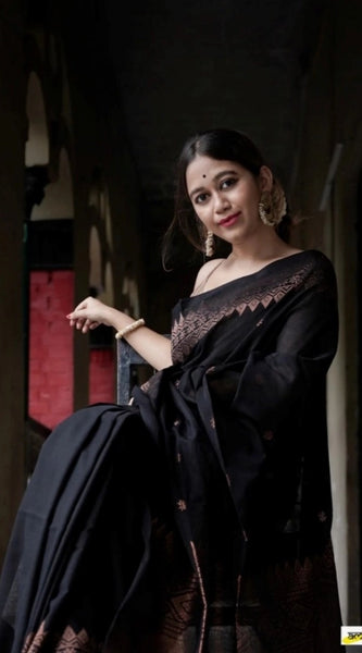 Mayawye Women's Silk Printed Saree With Unstitched Blouse 5.5Mtr (Black)