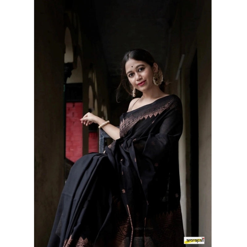 Mayawye Women's Silk Printed Saree With Unstitched Blouse 5.5Mtr (Black)