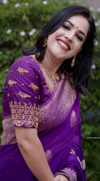 Mayawye Women's Silk Printed Saree With Unstitched Blouse 5.5Mtr (Purple)