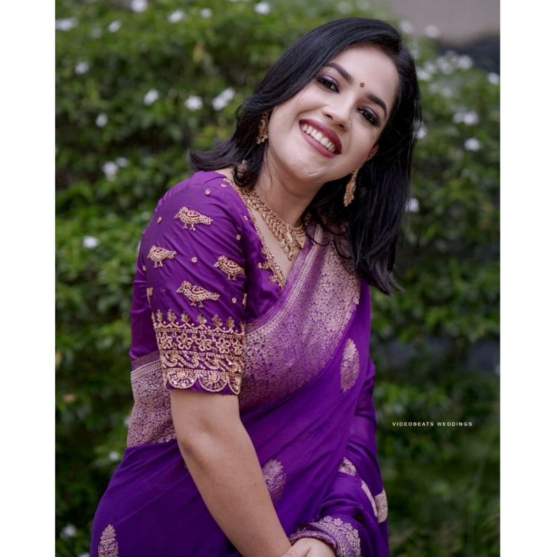 Mayawye Women's Silk Printed Saree With Unstitched Blouse 5.5Mtr (Purple)