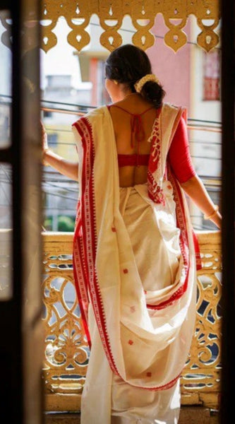 Mayawye Women's Cotton  Printed Saree With Unstitched Blouse 5.5Mtr (White)