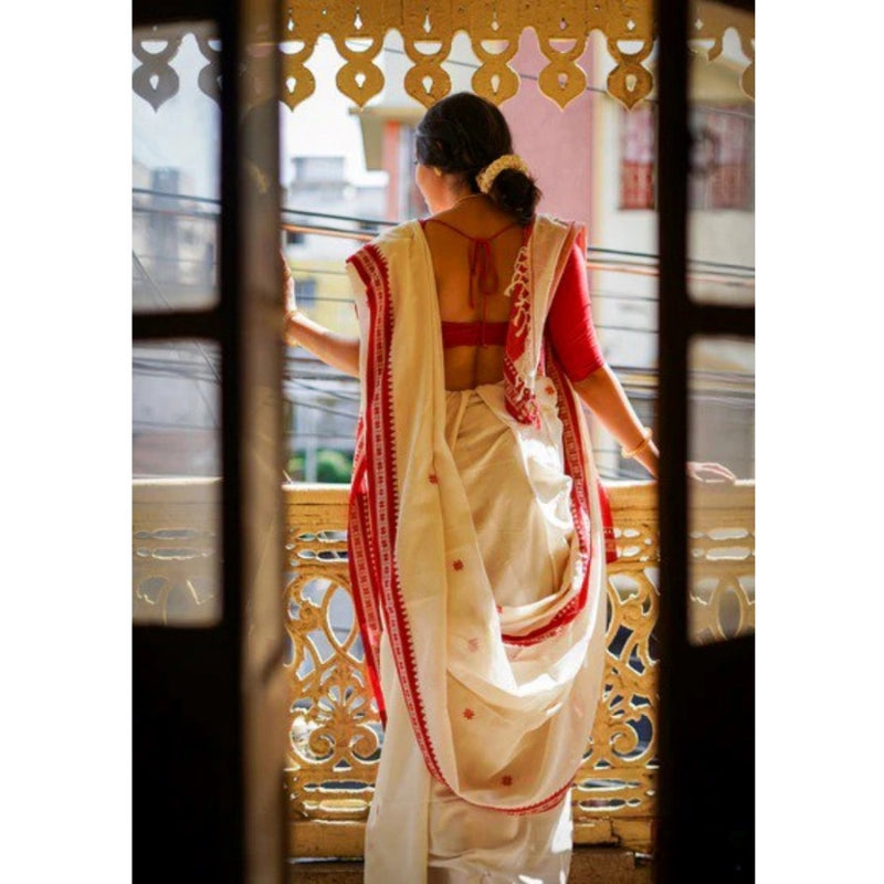 Mayawye Women's Cotton  Printed Saree With Unstitched Blouse 5.5Mtr (White)
