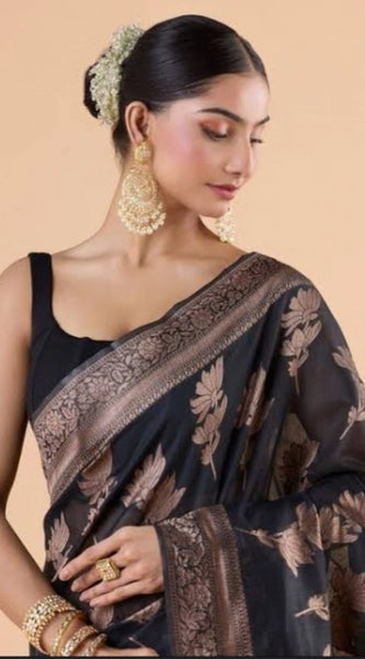 Mayawye Women's Silk Printed Saree With Unstitched Blouse 5.5Mtr (Black)