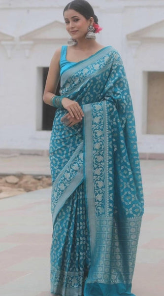 Mayawye Women's Silk Printed Saree With Unstitched Blouse 5.5Mtr (Sky Blue)