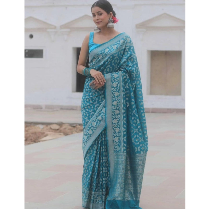 Mayawye Women's Silk Printed Saree With Unstitched Blouse 5.5Mtr (Sky Blue)