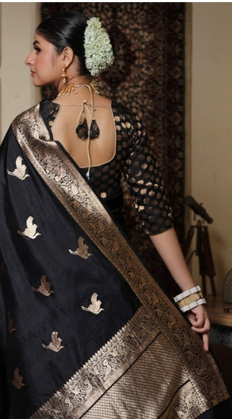 Mayawye Women's Silk Printed Saree With Unstitched Blouse 5.5Mtr (Black)