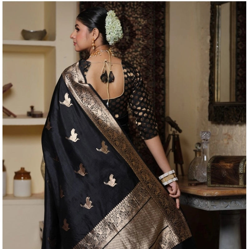 Mayawye Women's Silk Printed Saree With Unstitched Blouse 5.5Mtr (Black)