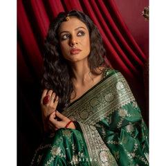Mayawye Women's Silk Printed Saree With Unstitched Blouse 5.5Mtr (Dark Green)