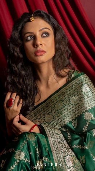 Mayawye Women's Silk Printed Saree With Unstitched Blouse 5.5Mtr (Dark Green)