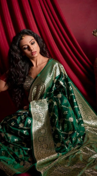 Mayawye Women's Silk Printed Saree With Unstitched Blouse 5.5Mtr (Dark Green)