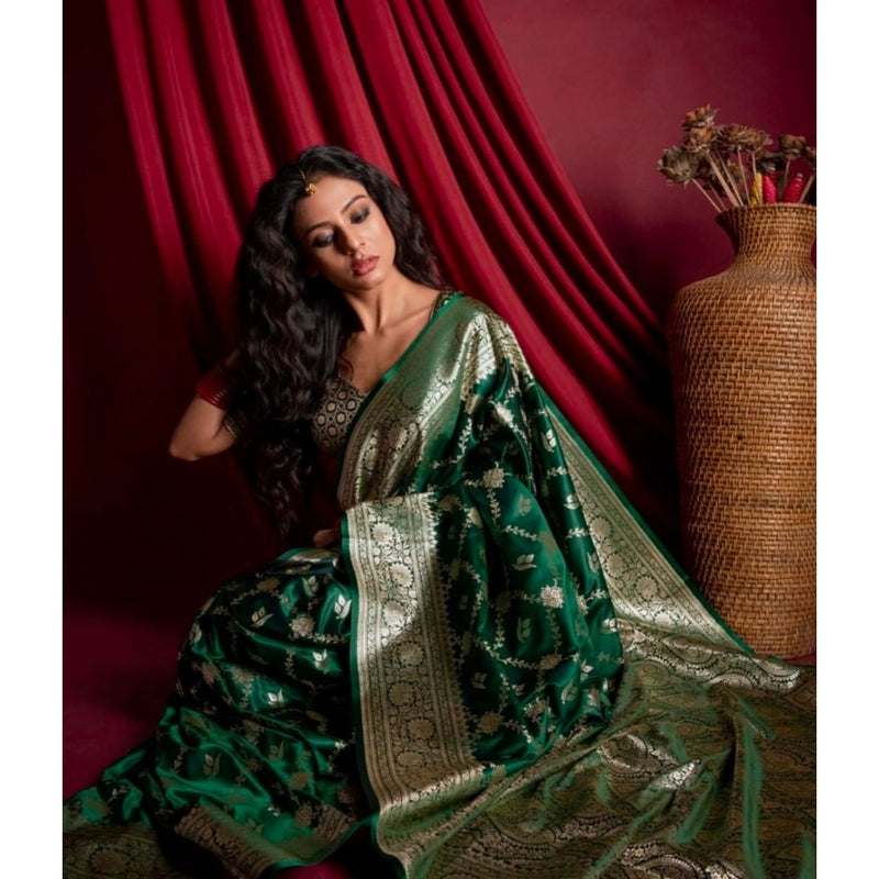 Mayawye Women's Silk Printed Saree With Unstitched Blouse 5.5Mtr (Dark Green)