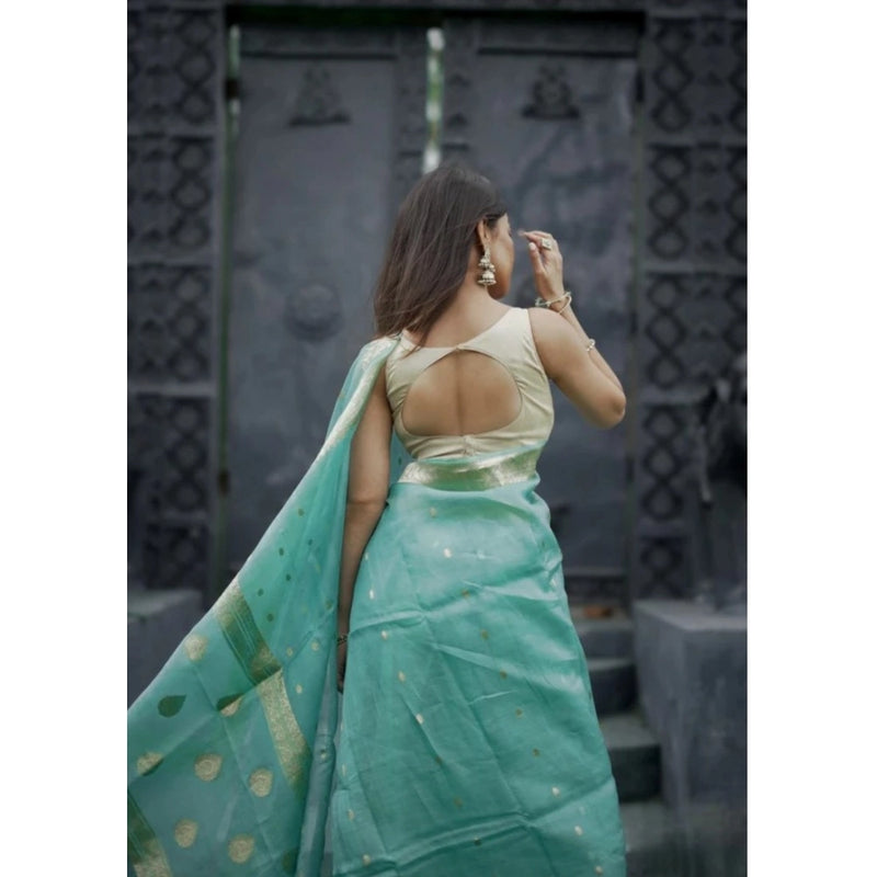 Mayawye Women's Cotton  Printed Saree With Unstitched Blouse 5.5Mtr (Sky)