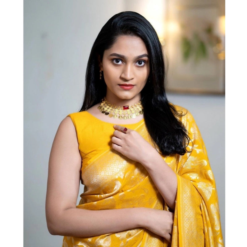 Mayawye Women's Silk Printed Saree With Unstitched Blouse 5.5Mtr (Yellow)