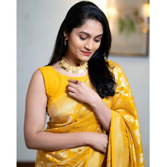 Mayawye Women's Silk Printed Saree With Unstitched Blouse 5.5Mtr (Yellow)