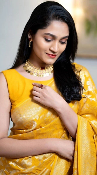Mayawye Women's Silk Printed Saree With Unstitched Blouse 5.5Mtr (Yellow)