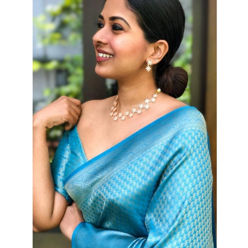 Mayawye Women's Silk Printed Saree With Unstitched Blouse 5.5Mtr (Sky Blue)
