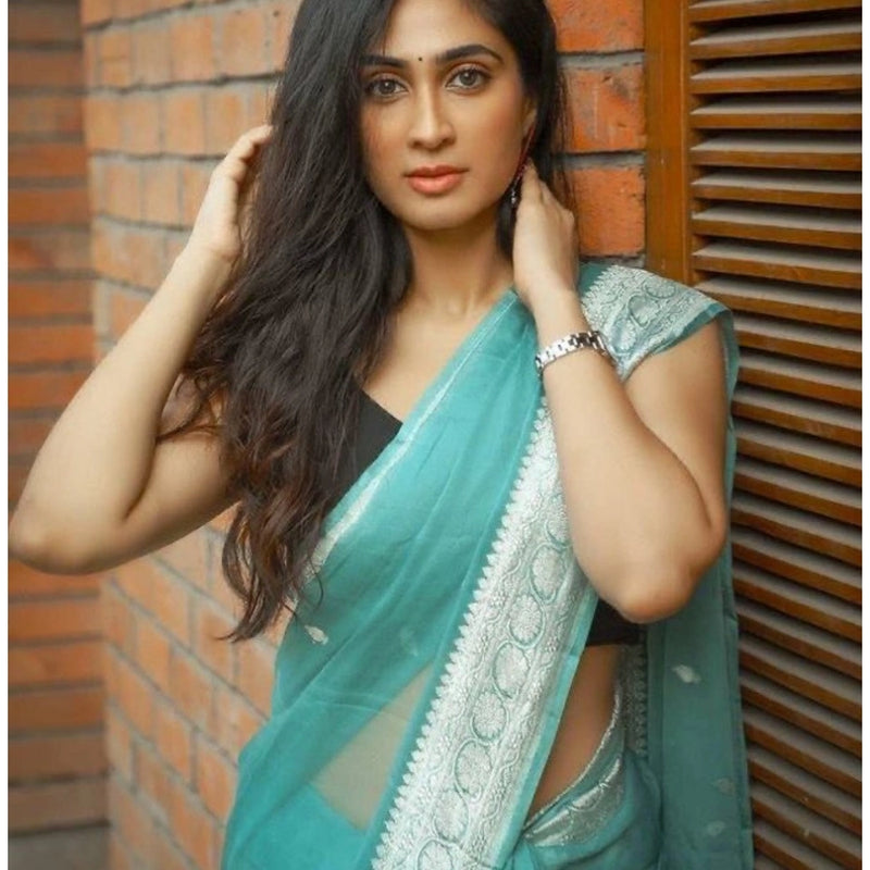 Mayawye Women's Cotton  Printed Saree With Unstitched Blouse 5.5Mtr (Sky Blue)