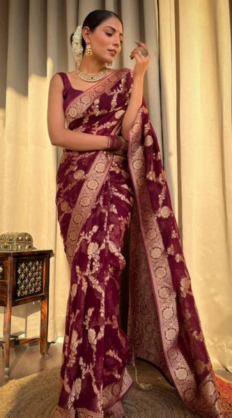 Mayawye Women's Silk Printed Saree With Unstitched Blouse 5.5Mtr (Maroon)