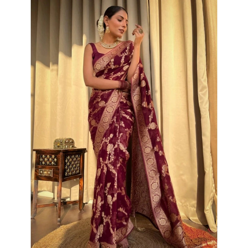 Mayawye Women's Silk Printed Saree With Unstitched Blouse 5.5Mtr (Maroon)