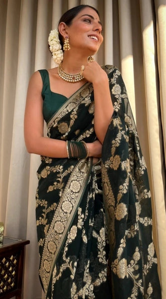 Mayawye Women's Silk Printed Saree With Unstitched Blouse 5.5Mtr (Dark Green)