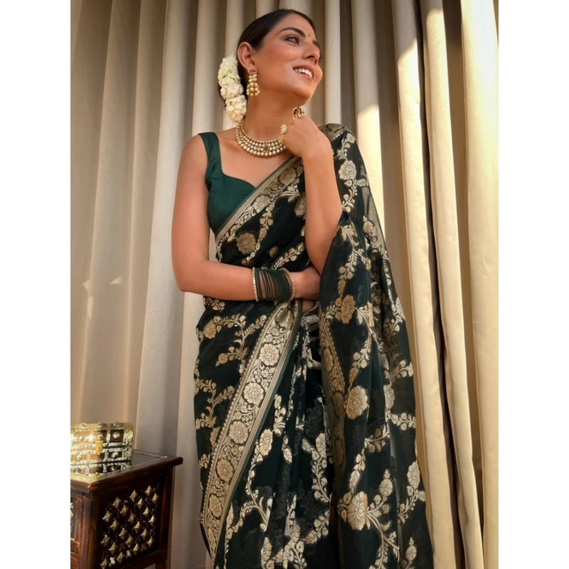 Mayawye Women's Silk Printed Saree With Unstitched Blouse 5.5Mtr (Dark Green)