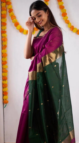 Mayawye Women's Cotton  Printed Saree With Unstitched Blouse 5.5Mtr (Wine)