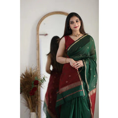 Mayawye Women's Cotton  Printed Saree With Unstitched Blouse 5.5Mtr (Dark Green)