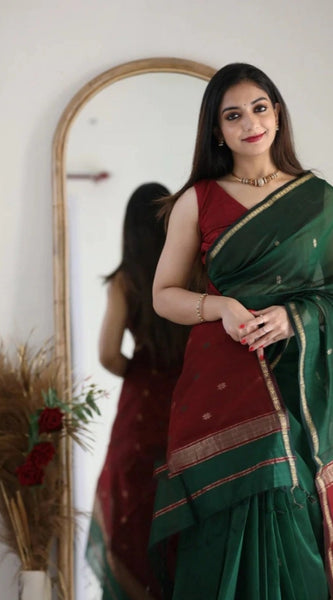 Mayawye Women's Cotton  Printed Saree With Unstitched Blouse 5.5Mtr (Dark Green)
