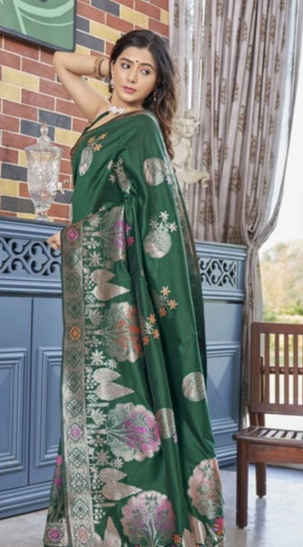 Mayawye Women's Silk Printed Saree With Unstitched Blouse 5.5Mtr (Green)