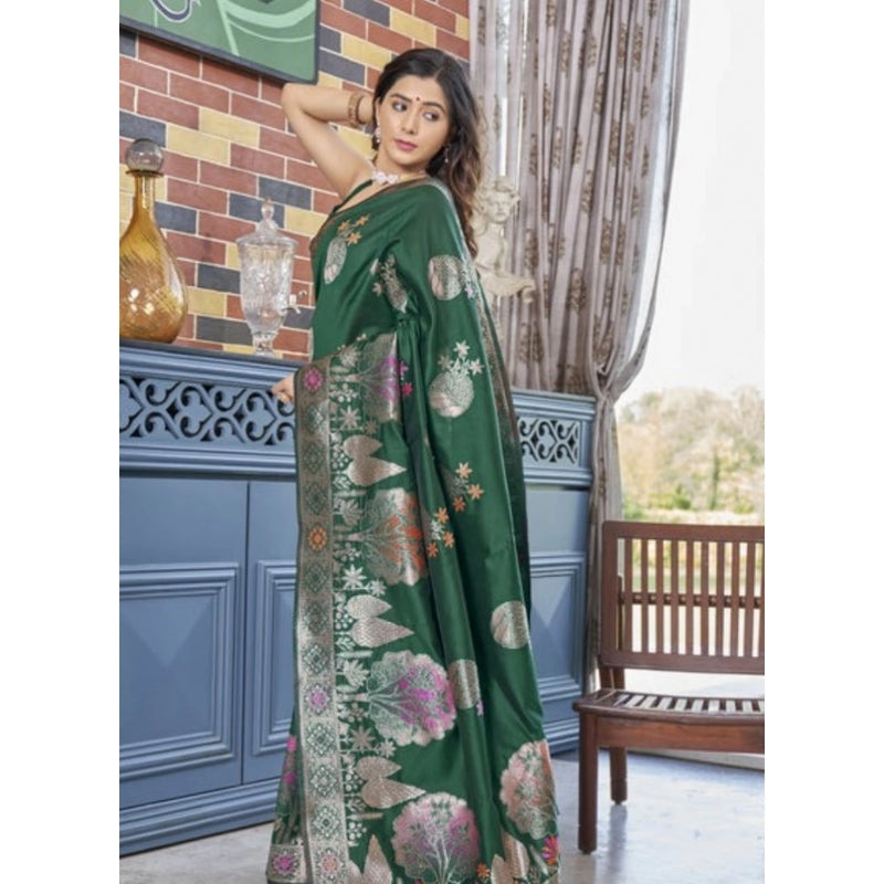 Mayawye Women's Silk Printed Saree With Unstitched Blouse 5.5Mtr (Green)
