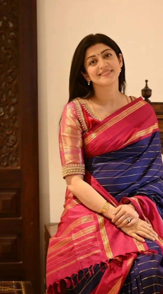 Mayawye Women's Silk Printed Saree With Unstitched Blouse 5.5Mtr (Navy Blue)
