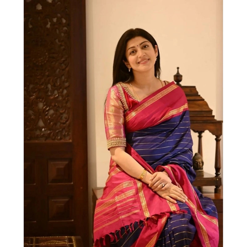 Mayawye Women's Silk Printed Saree With Unstitched Blouse 5.5Mtr (Navy Blue)