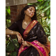 Mayawye Women's Silk Printed Saree With Unstitched Blouse 5.5Mtr (Black-Pink)
