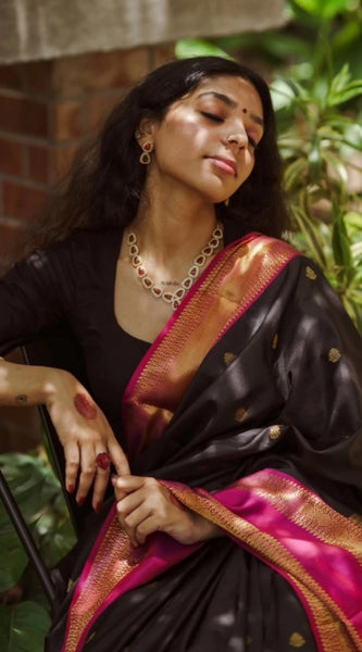 Mayawye Women's Silk Printed Saree With Unstitched Blouse 5.5Mtr (Black-Pink)