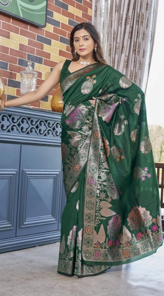 Mayawye Women's Silk Printed Saree With Unstitched Blouse 5.5Mtr (Green)