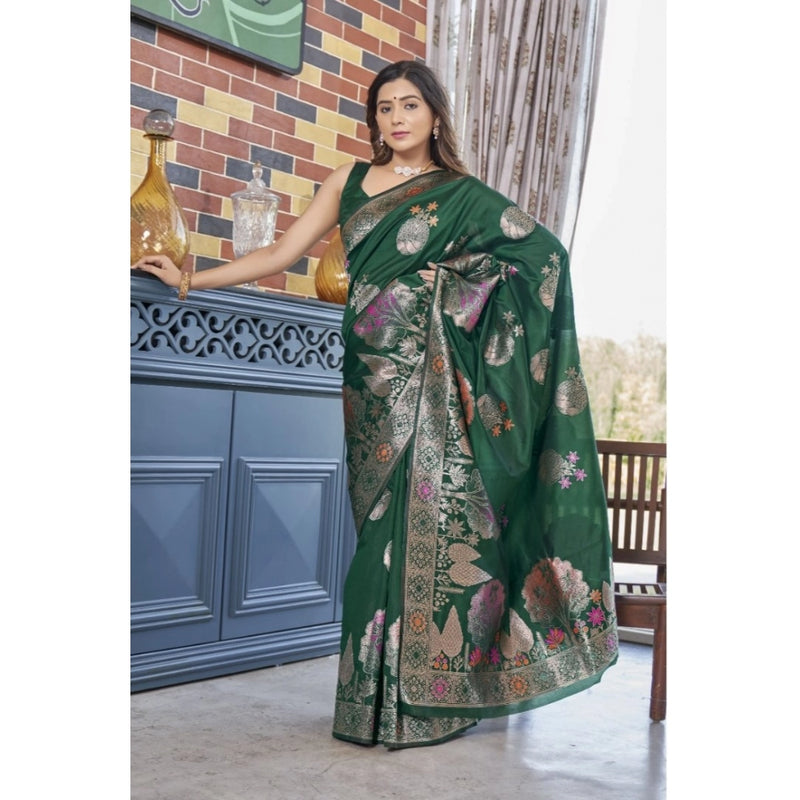Mayawye Women's Silk Printed Saree With Unstitched Blouse 5.5Mtr (Green)