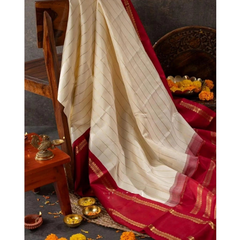 Mayawye Women's Silk Printed Saree With Unstitched Blouse 5.5Mtr (Off White)