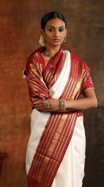 Mayawye Women's Silk Printed Saree With Unstitched Blouse 5.5Mtr (White-Maroon)