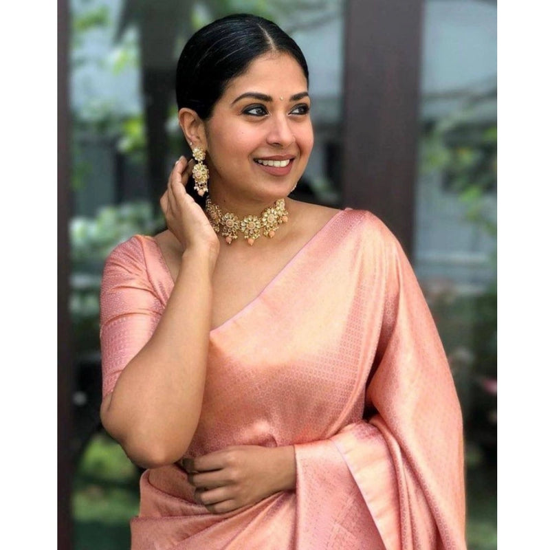 Mayawye Women's Silk Printed Saree With Unstitched Blouse 5.5Mtr (Peach)
