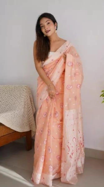 Mayawye Women's Cotton  Printed Saree With Unstitched Blouse 5.5Mtr (Peach)