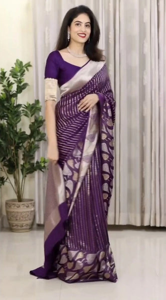 Mayawye Women's Silk Printed Saree With Unstitched Blouse 5.5Mtr (Purple)