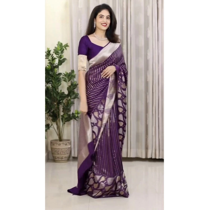 Mayawye Women's Silk Printed Saree With Unstitched Blouse 5.5Mtr (Purple)