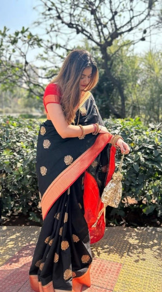 Mayawye Women's Silk Printed Saree With Unstitched Blouse 5.5Mtr (Black-Red)