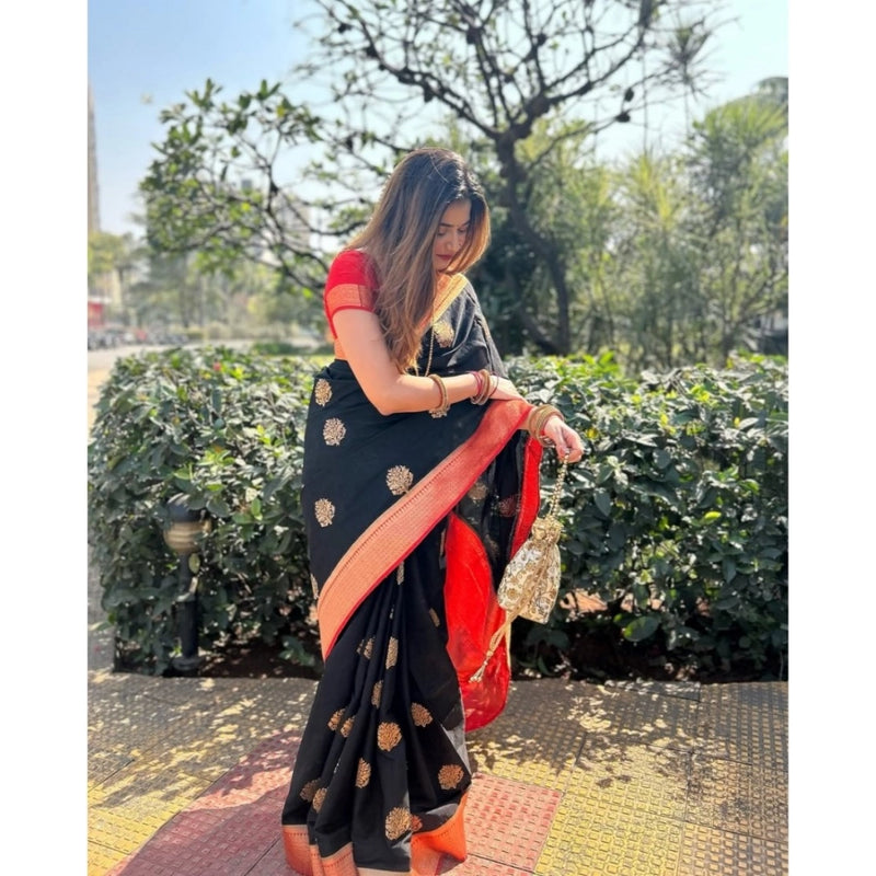 Mayawye Women's Silk Printed Saree With Unstitched Blouse 5.5Mtr (Black-Red)