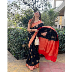 Mayawye Women's Silk Printed Saree With Unstitched Blouse 5.5Mtr (Black-Red)