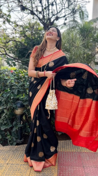 Mayawye Women's Silk Printed Saree With Unstitched Blouse 5.5Mtr (Black-Red)