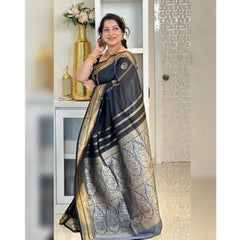 Mayawye Women's Silk Printed Saree With Unstitched Blouse 5.5Mtr (Black)
